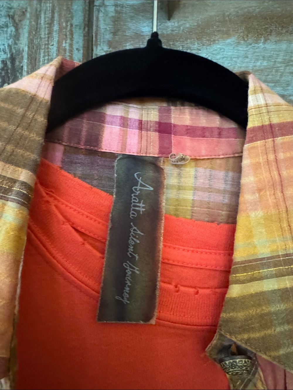 Aratta Coral Pink & Yellow Plaid-to-Floral Sheer Duster - Picture 8 of 9